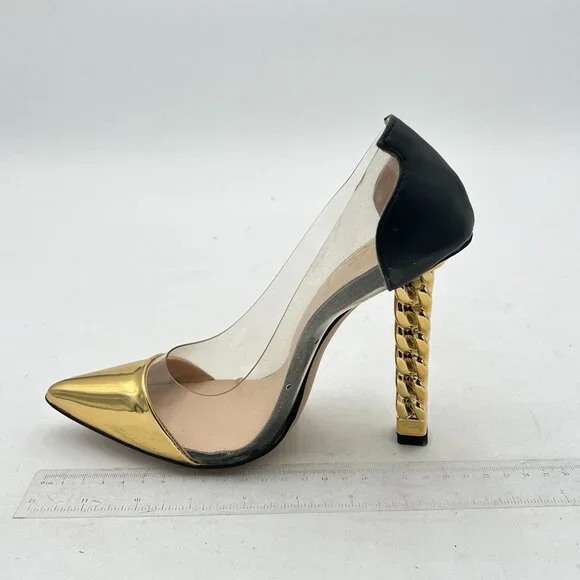 FSJ Gold Clear Gold Metal Chain Chunky High Heel Pointed Toe Slip On Pumps - Picture 2 of 8
